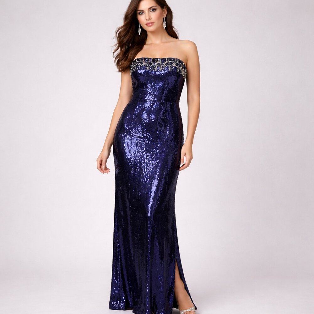 Aidan Mattox Navy Blue Sequin Strapless Gown – Size 12 (NWT)